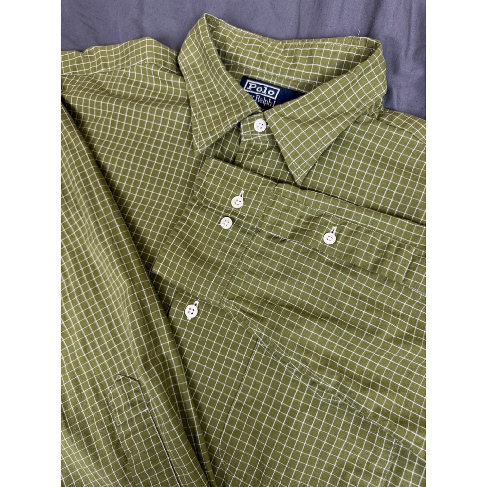 Polo Ralph Lauren Warwick Shirt Mens 16 32/33 Olive Green Grid Check Vintage